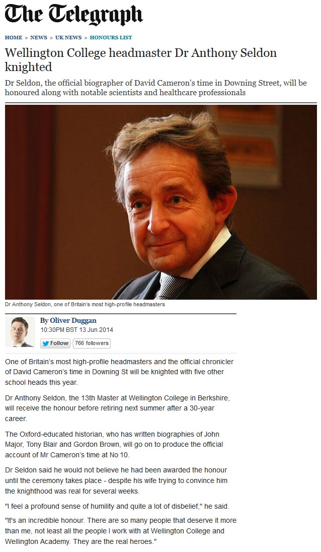 Wellington College headmaster Dr Anthony Seldon knighted