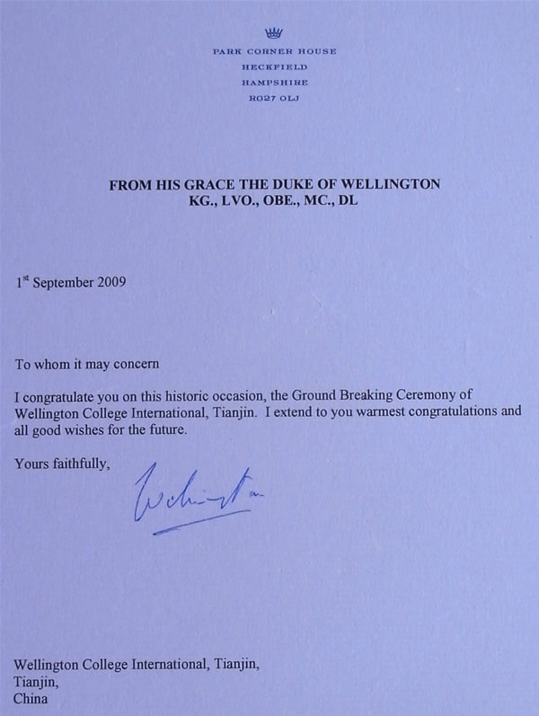 Congratulatory Letter from the Present Duke of Wellington